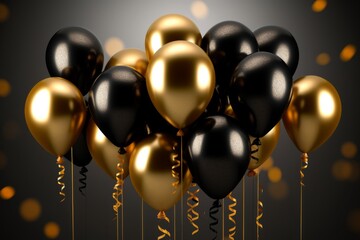 A bunch of black and gold balloons with a ribbon that Generative AI