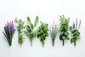 herbs, mint, peppermint, basil, sage, set of herbs and flowers, lavender, rosemary, wild flowers, ai generative 