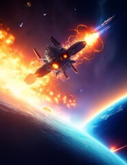 Obraz na płótnie Canvas Amidst an awe-inspiring landing, a sudden attack shatters tranquility. Menacing projectiles disrupt the serene scene as explosions ignite the sky.