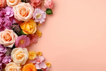 A pink and orange background empty mock up with roses and leaves Generative AI