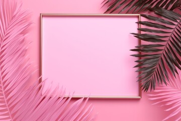 Fototapeta na wymiar Pink frame with palm leaves on a pink background. Generative AI