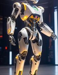 Step into the future as a sleek, futuristic robot showcases cutting-edge technology. Soft lighting illuminates its metallic frame, while advanced sensors and intricate circuitry hint at its capabiliti