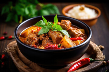 Spicy thai curry with pork meat serving with rice and decorating with herbal vegetable ingredients like chili and eggplant on rustic background - Thai food, Generative AI