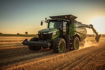 A green tractor in a field with the sun setting Generative AI
