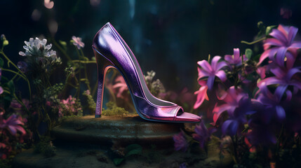 Prepare to be mesmerized by these high heel shoes, beautifully created in the style of  illustrated advertisements with dark white and light purple tones intertwining to create a captivating visual fe