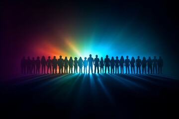 A group of people stand in a dark room with a rainbow light behind them Generative AI