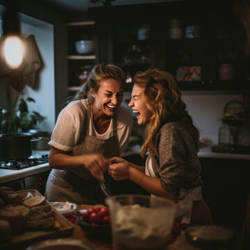 Mother And Daughter Helping Each Other To Cook In The Kitchen Happily, They Are Laughing And Smiling.. Family Teamwork. Homemade Food And Little Helper.