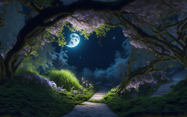 Fantasy fairy tale background. Fantasy enchanted forest with magical luminous plants, built ancient mighty trees covered with moss, with beautiful houses, butterflies. ai generative © Anamul Haque Anik