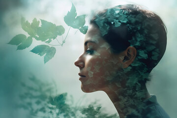 Double exposure from female profile and green forest leaves. Ecological environment care, beauty and health concept. Generative AI illustration