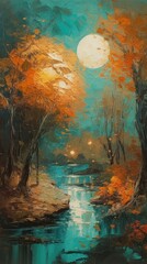 Obraz na płótnie Canvas Whimsical Fairy Tale Autumn Scene in Dark Turquoise Oil Painting. Generative AI