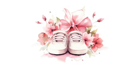 Fototapeta na wymiar Sweet Baby Girl Birth Announcement with Watercolor Booties on White Background. Generative AI