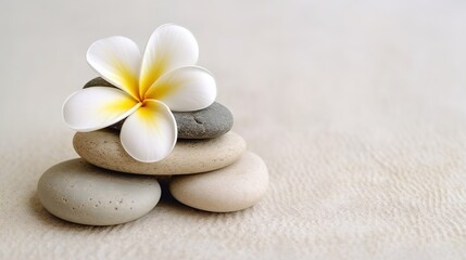 Spa stones and beautiful orchid flower on light background, space for text