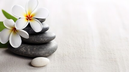 Dark spa stones and beautiful orchid flower on light background, space for text