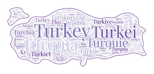 Turkey shape filled with country name in many languages. Turkey map in wordcloud style. Modern vector illustration.