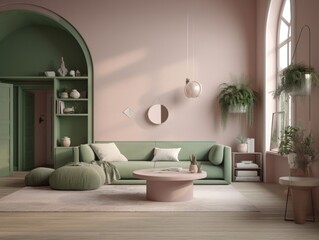 Fototapeta na wymiar Pink and green cottage style interior room. Generative AI