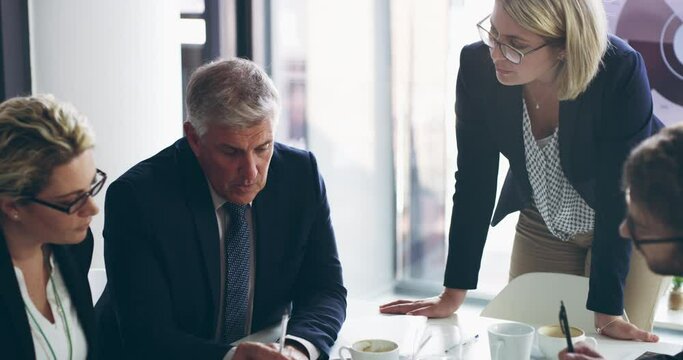 Business People, Senior Meeting And Conference Communication With Teamwork And Corporate Collaboration. Office, Brainstorming And Executive Management Group With Strategy And Discussion At Table