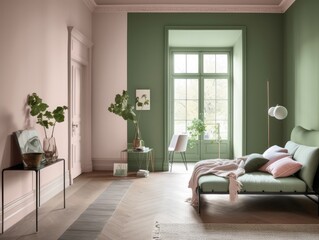 Fototapeta na wymiar Pink and green cottage style interior room. Generative AI