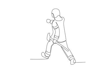 Back view of a firefighter carrying an axe. Firefighter one-line drawing