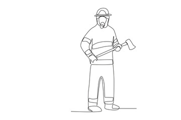 A fully clothed firefighter holding an axe. Firefighter one-line drawing