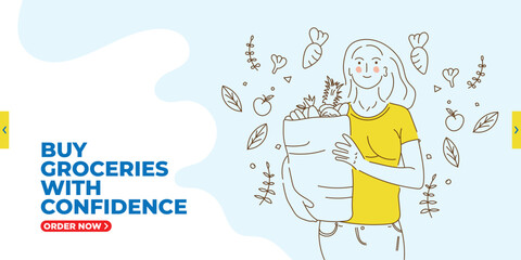 Web banner user interface of the website with flat girl cute character carrying a grocery bag, online shop poster cover