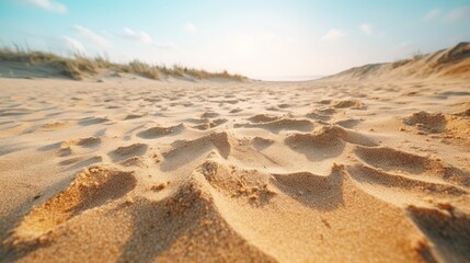Fototapeta na wymiar a sandy beach with grass and sand on the side of it. generative ai