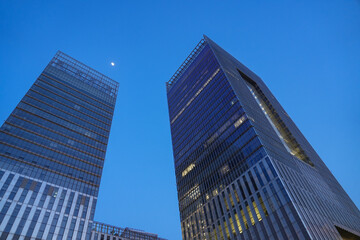 low angle view on office building at night