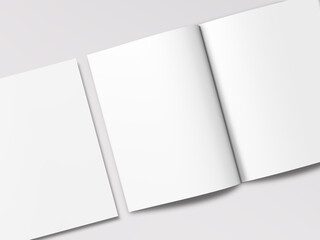 Realistic top view cover and opened portrait A4 or A5 magazine or brochure booklet for stationery and branding. Mockup template isolated light grey background and leaf shadow overlay. 3D rendering.