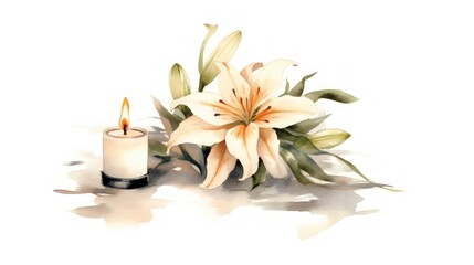 Fototapeta na wymiar Memorial Candle and Lilies Watercolor Illustration on White Background