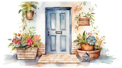 Fototapeta na wymiar Welcome Home: Clean Watercolor Illustration with Open Door and Welcome Mat. Generative AI