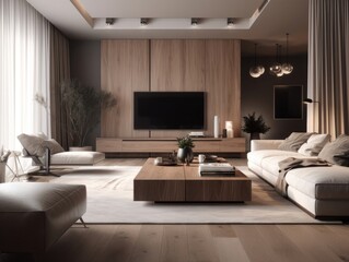 Fototapeta premium Scandinavian comfortable living room, wooden floor and furniture. Generative AI