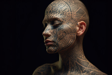 Colorful artistic portrait of a young man with face art and tattoo on black background, AI Generated