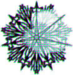Starlike dot mandala in style of halftone dots effect, with CMYK glitch effect. Optical  blur effect (when far or close), shifting the CMYK spectrum. Highlighted by lightening upper right sector. - obrazy, fototapety, plakaty