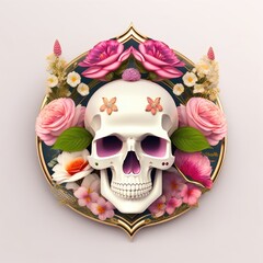 Watercolor funny skull and flower portraits design