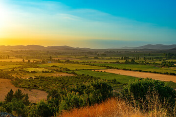 Dawn in the crop fields and farms at Region del Maule in Central Chile