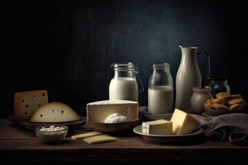 Still life of dairy products.  Composite with different elements made with generative AI - Powered by Adobe