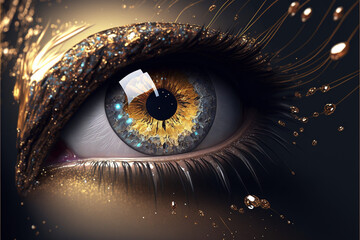 Auge mit Pupille in edlen Gold Farben Poster Nahaufnahme, ai generativ
