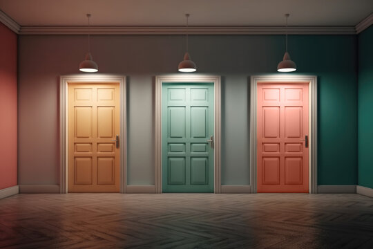 Colored doors in a room representing the concept of choice. Composite with different elements made with generative AI