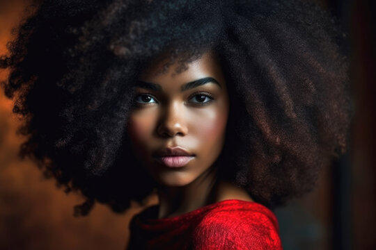 Beauty portrait of a black woman with afro hair.  Composite with different elements made with generative AI