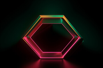 An image of a minimalist neon pentagon with a gradient of pink and orange hues against a clean dark green background.