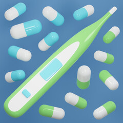 Medical thermometer on the background of medications. 3d rendering