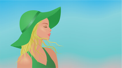 Beautiful girl, woman in profile against blue blurred sky. Dimension 16:9. Vector illustration
