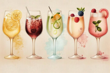 Ai generated illustration Assorted cocktails on black background.