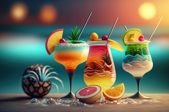 Ai generated illustration Assorted cocktails on tropical background.