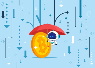 Money bitcoin under umbrella with robot. Business income protection. Flat modern vector illustration