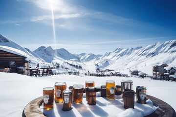 Ai generated illustration cold beer glass on the table with sunny winter mountains landscape at ski resort.