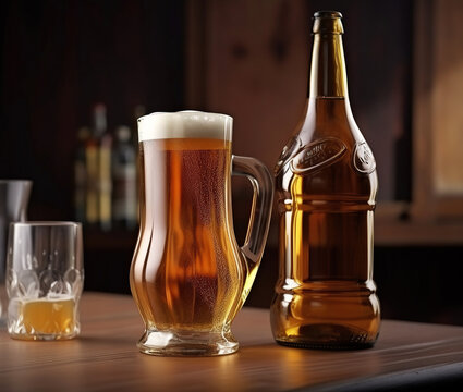 Ai generated illustration Glass of beer on wooden board and blurred bar background