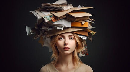 Portrait of stressed out woman with papers bills on her head. stress, work, bills, visual of stress and anxiety on mind. Generated by AI