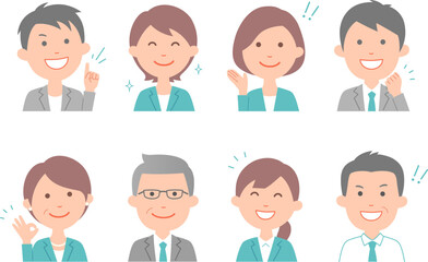 フレッシャーズからCEOまで、活気ある表情のビジネスパーソン8人。シンプルで使いやすいアイコンセットです。