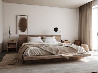 Fototapeta na wymiar Bright beige wooden bedroom, minimal modern style. Generative AI