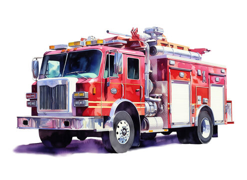 Fire truck, watercolor isolated on white or transparent background. Generative AI